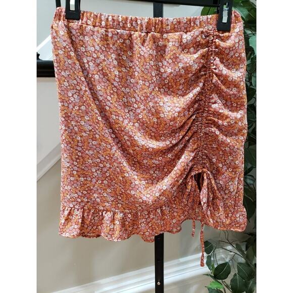 Moa Moa Straight & Pencil Skirt Womens Orange Floral Elastic Waist Ruffle Trim M - Picture 1 of 10